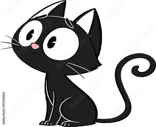 Vector art of a charming cartoon black cat with big eyes sits gracefully, isolated on white background