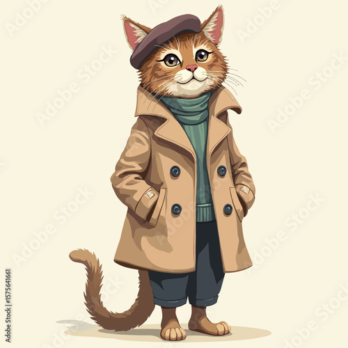 A cartoon cat stands upright, wearing a trench coat, beret, and sweater, looking directly at the viewer.