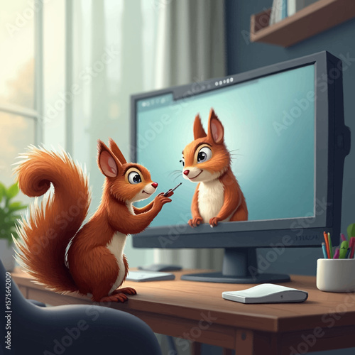 Two adorable squirrels interact via a computer screen, one holding a screwdriver, in a cozy home office setting.