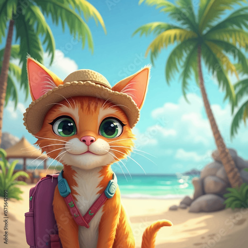Cute orange cat wearing a hat and backpack on a tropical beach.
