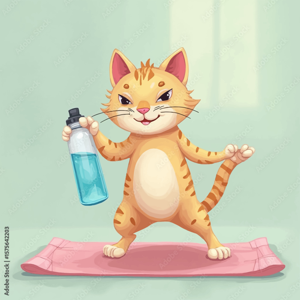 Fototapeta premium A playful ginger cat, ready for fitness, holds a water bottle on a pink yoga mat.