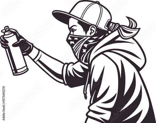 Vector art of a graffiti artist with a spray can is creating street art with a bandana mask