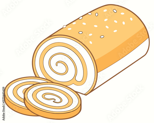 Vector art of a swiss roll cake with cream filling and sliced pieces is ready to be served