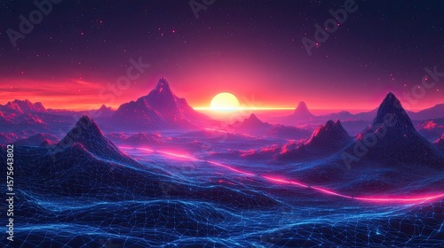 Abstract digital landscape with glowing lines, tech mountains, and neon horizon for futuristic concept art