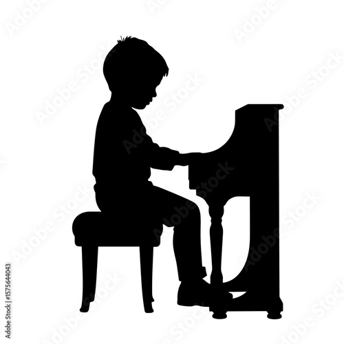 Silhouette of boy playing piano on white backdrop, silhouette shows focused child seated at upright piano. Silhouette portrays intense concentration, skill, musical learning and creativity.