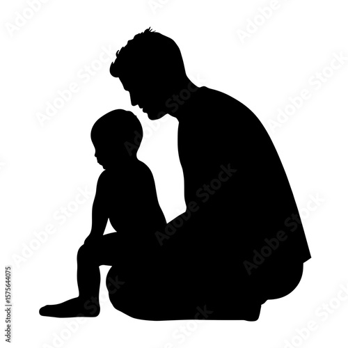 Silhouette of father and child sitting closely together, showing paternal love and caring. Father silhouette with child in tender scene, depicting a loving moment between parent and toddler.