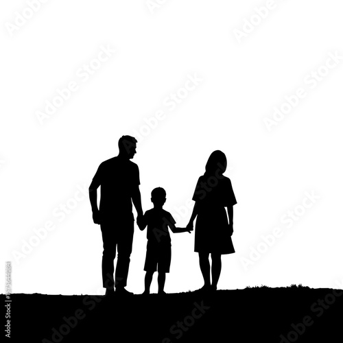 Silhouette of family standing together on grass against white background, expressing unity. Silhouette shows mother, father, and child standing hand in hand, creating striking contrast.