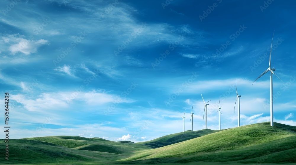 Obraz premium A serene landscape featuring wind turbines on green hills under a bright blue sky.