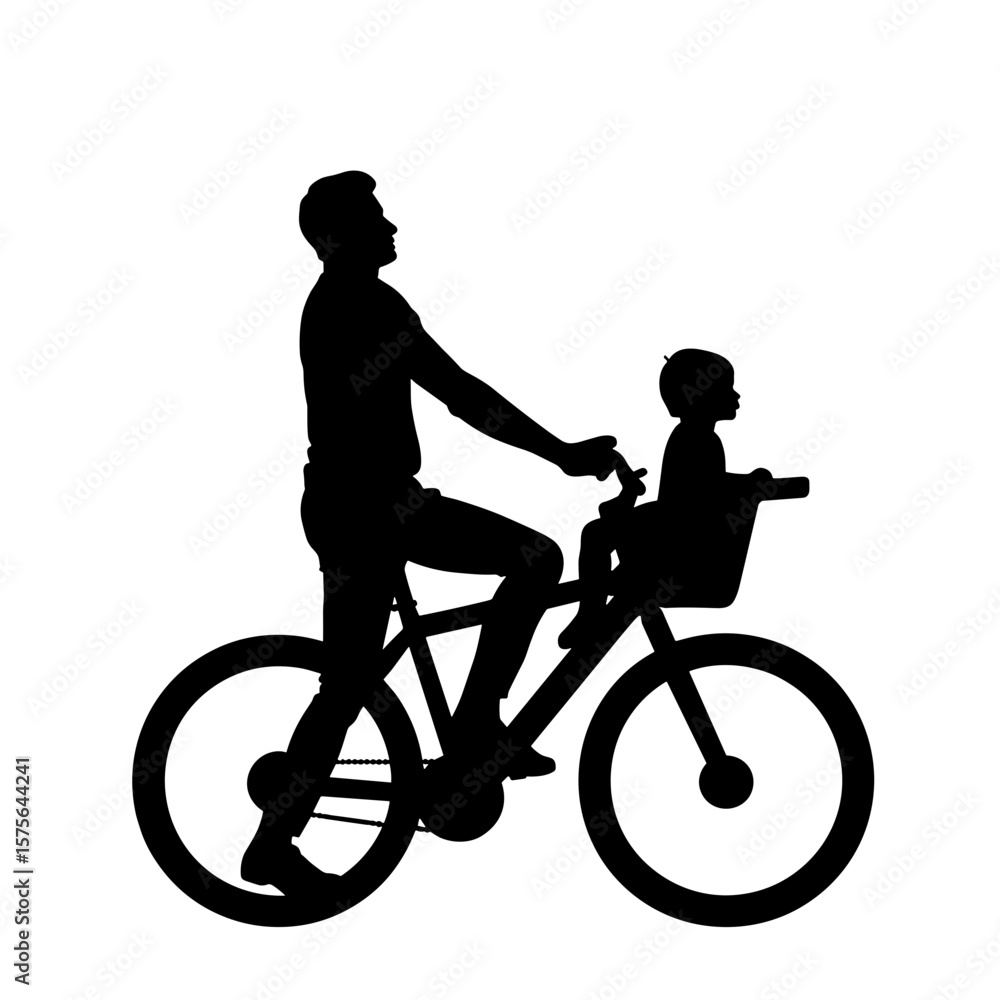 Obraz premium Silhouette of a man riding a bicycle with a child sitting in a front seat, symbol of fatherhood, family bonding, outdoor activity, healthy lifestyle, parenting, and spending time together