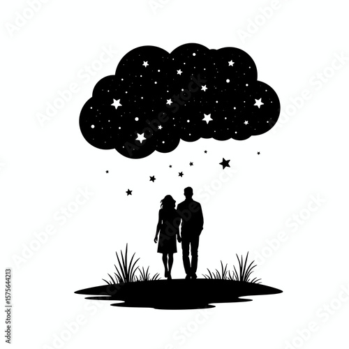 Romantic couple silhouette under starry night sky cloud. Silhouette of man and woman holding hands, walking under a whimsical cloud filled with stars. Night sky and grass add to romantic atmosphere.