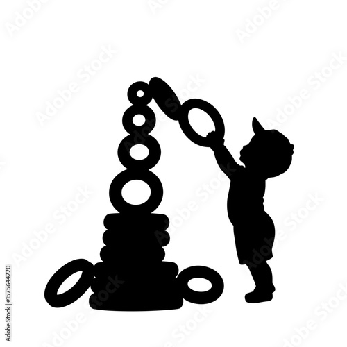 Silhouette of a toddler stacking toy rings into a tall, unstable tower, symbol of early learning, curiosity, play, experimentation, childhood development, and balance