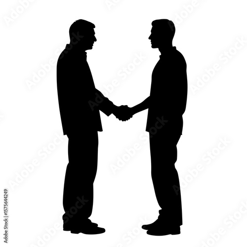 Silhouette of two men shaking hands, symbol of agreement, respect, partnership, greeting, or reconciliation