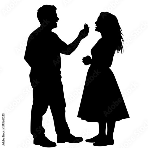 Silhouette of man proposing to woman. Romantic silhouette couple scene shows man offering ring to woman. Perfect silhouette for wedding invitation design or romantic proposal announcement.