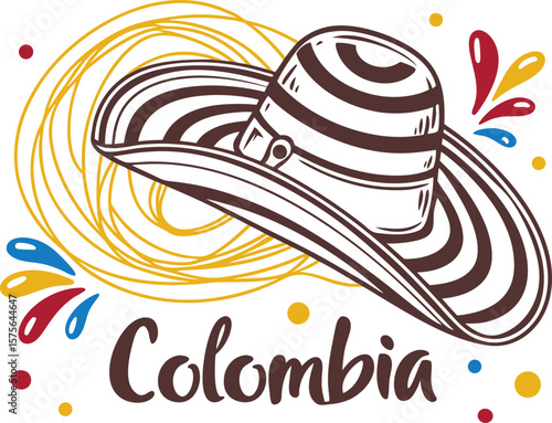 Vector art of a colombian sombrero aguadeo with colorful decorations represents the countrys culture and traditions