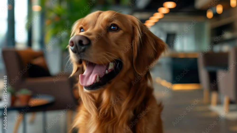Golden retriever dog smiling with tongue out, happy pet indoors. Animal portrait, domestic canine companion for lifestyle concept footage. Golden retriever dog smiling with tongue out, happy pet indoors. Animal portrait, domestic canine companion for lifestyle concept footage.