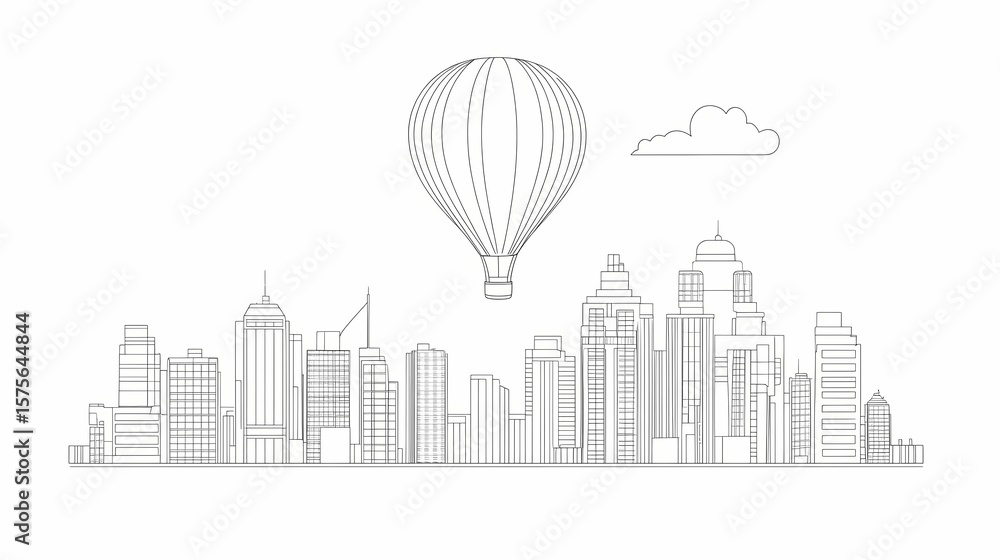 Fototapeta premium City skyline with hot air balloon.