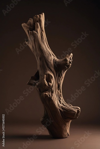 A knotty piece of driftwood stands against a dark brown background, showing off its rough texture.