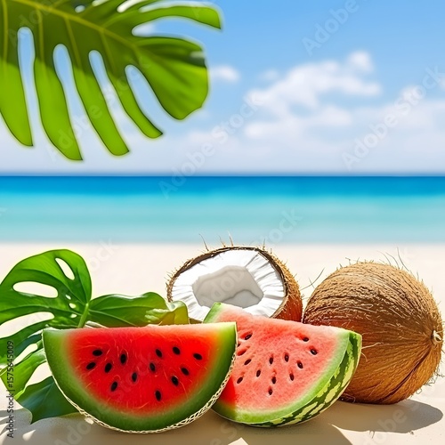 Tropical Beach Scene with Watermelon and Coconut