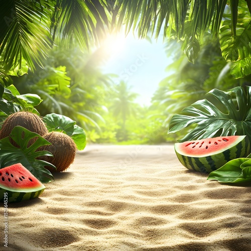 Tropical Beach Scene, Watermelon, Coconut, Palm Leaves on Sand