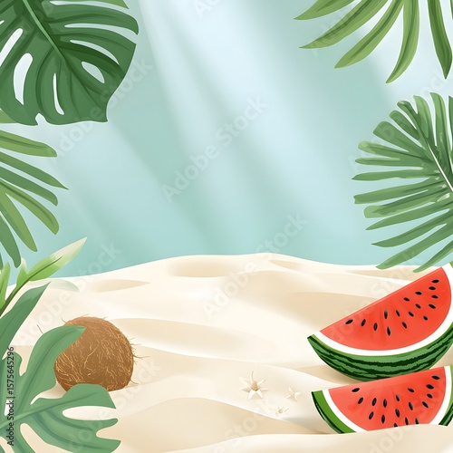 Summer Beach Scene with Watermelon and Coconut on Sand