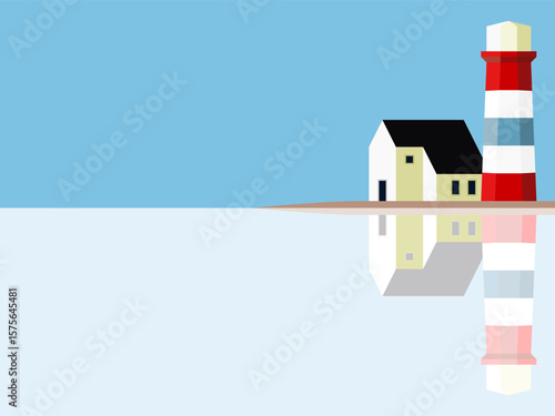 Minimalist illustration of a lighthouse and a small house with their reflections on a calm body of water under a clear blue sky.