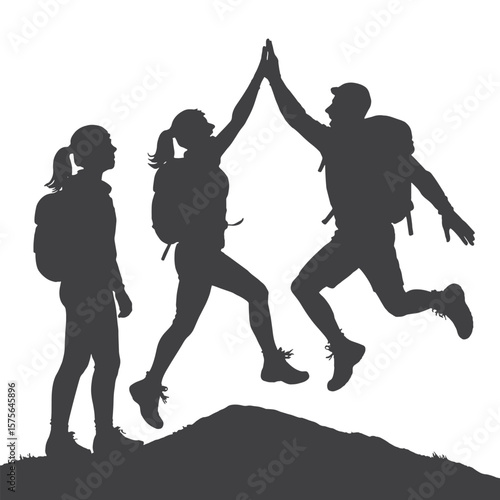 Silhouette of Happy Friends Giving High Five on Mountain Peak