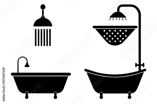 set of Bathtub and Shower silhouette vector illustration