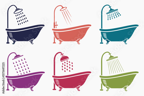 set of Bathtub and Shower silhouette vector illustration