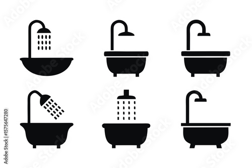 set of Bathtub and Shower icon silhouette vector illustration