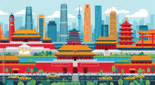 An illustrative panorama of Beijing, showcasing its blend of ancient imperial buildings like the Forbidden City and modern high-rise skyscrapers.