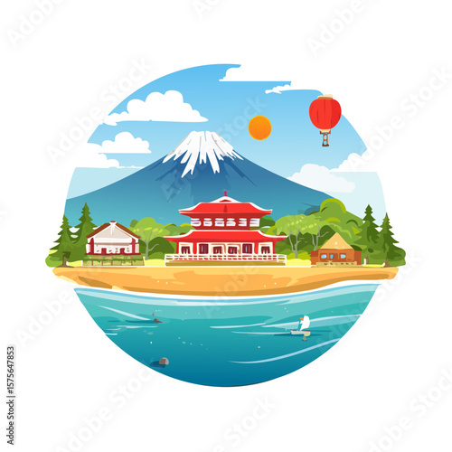 Wallpaper Mural Scenic Japan Landscape with Mount Fuji, Pagoda, and Traditional Houses Torontodigital.ca