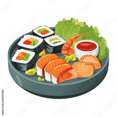 Delicious Sushi Platter with Salmon Nigiri and California Rolls Illustration