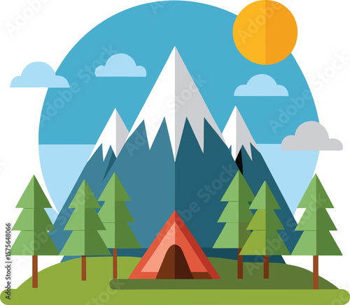 Cartoon Mountain Landscape with Sun and Trees
