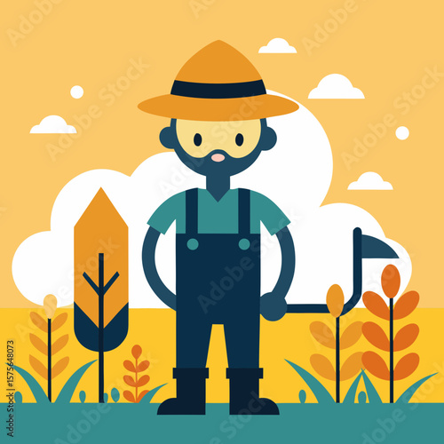 Cute Farmer Silhouette Holding Sickle in Field – Straw Hat and Harvest Scene for Agriculture Illustration

