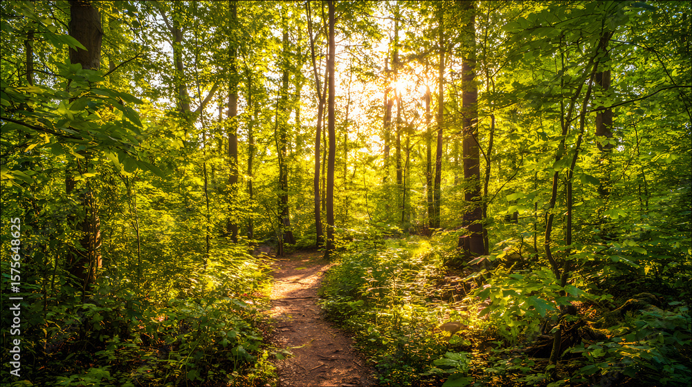 Fototapeta premium Sunlit forest path with golden rays through trees, a serene nature escape