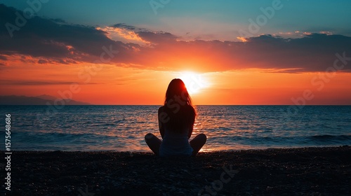 Silent girl sitting on beach at sunset watching ocean