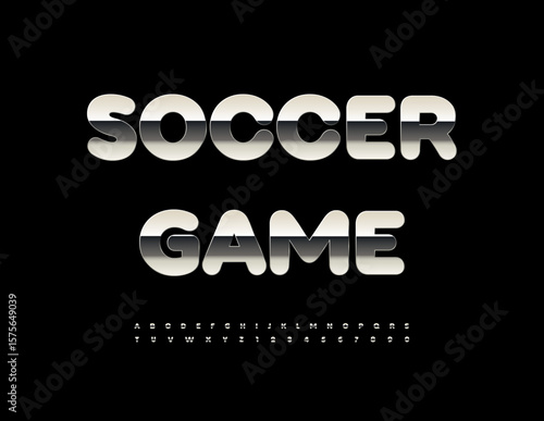 Vector Silver sign Soccer Game. Reflective Metallic Font. Steel Alphabet Letters and Numbers set