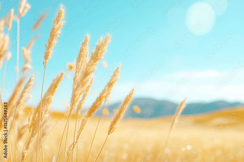 Fototapeta premium Golden wheat stalks swaying in the sunlit field against a clear blue sky, embracing the warmth of a bright sunny day