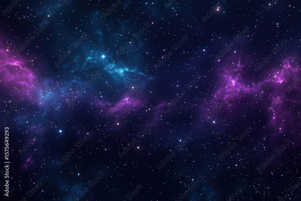 Naklejka premium Deep space scene showing vibrant purple and blue nebula clouds stretching across star filled cosmos, distant stars scattered throughout dark expanse, cosmic background for science themes