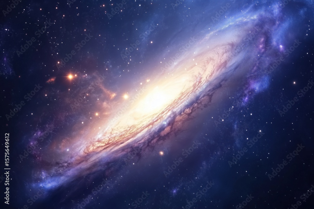 Fototapeta premium Spiral galaxy glowing with bright core surrounded by swirling arms of dust and stars, cosmic clouds and distant celestial bodies filling deep space background with vibrant colors