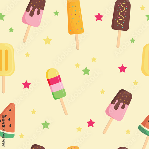 Cartoon seamless pattern   with colorful ice creams and stars. Summer Frozen Desserts in Flat Vector Style. Summer background. 