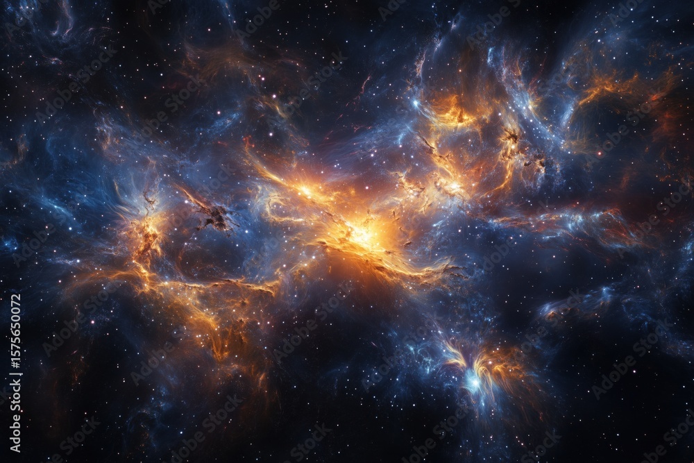 Fototapeta premium Deep space nebula emitting vibrant orange and blue clouds of gas and dust, glowing stars scattered throughout cosmic scene, swirling interstellar formations creating dynamic celestial landscape