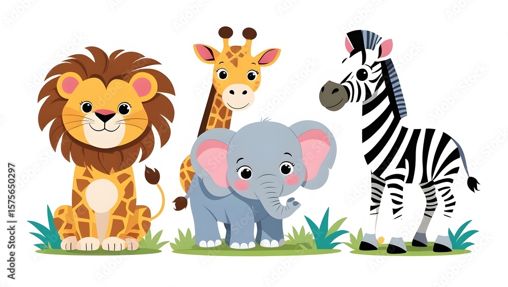 Naklejka premium Adorable cartoon animals in a jungle themed illustration for kids and children