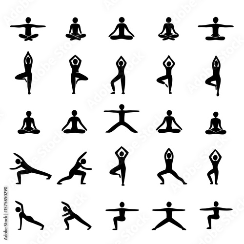 Yoga Pose Silhouette Collection – Minimalist Black Vector Figures (Male & Female) for Fitness Apps, Studio Branding & Wellness Designs