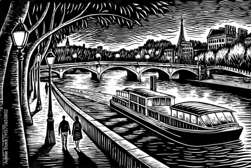 Seine River Paris with elegant bridges, romantic boats, riverside cafes and city charm, illustrated in expressive black and white line art illustration suitable for fashion, travel and cultural print 