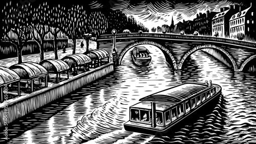 Seine River Paris with elegant bridges, romantic boats, riverside cafes and city charm, illustrated in expressive black and white line art illustration suitable for fashion, travel and cultural print 