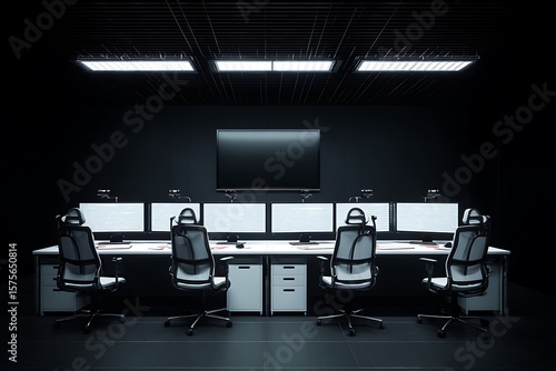 Modern control room with multiple computer screens and ergonomic chairs.