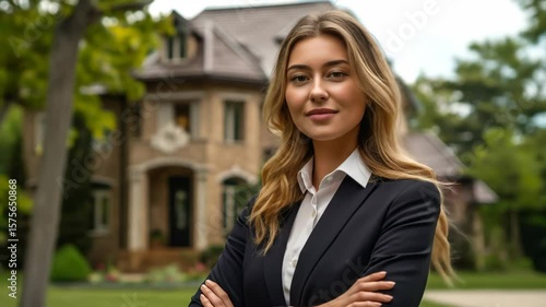 Beautiful woman realtor standing in front of luxury house. Real estate investment. Confident female agent broker.