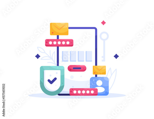 The concept of OTP or One Time Password. Verification code for account protection and security. Illustration of a smartphone with a password or key message for user verification. Flat design style