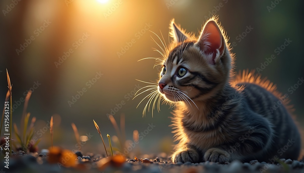 Obraz premium Kitten Looking Curious at Sunset Outdoor in Natural Light